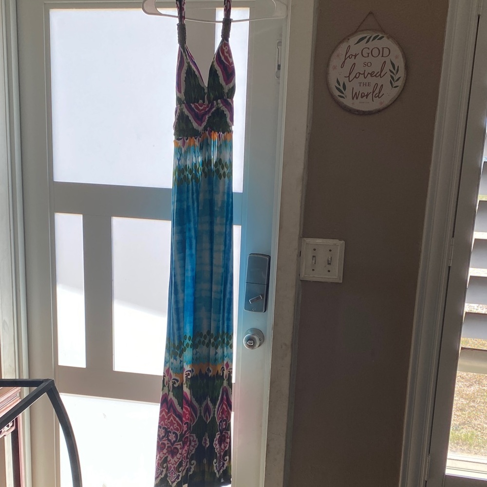 Multi-Color Maxi Dress with Blue, Green & Pink Pattern